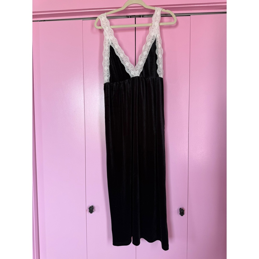 Dazy Black Velvet Lace Trim Empire Waist Midi Dress XL Sleeveless V-Neck